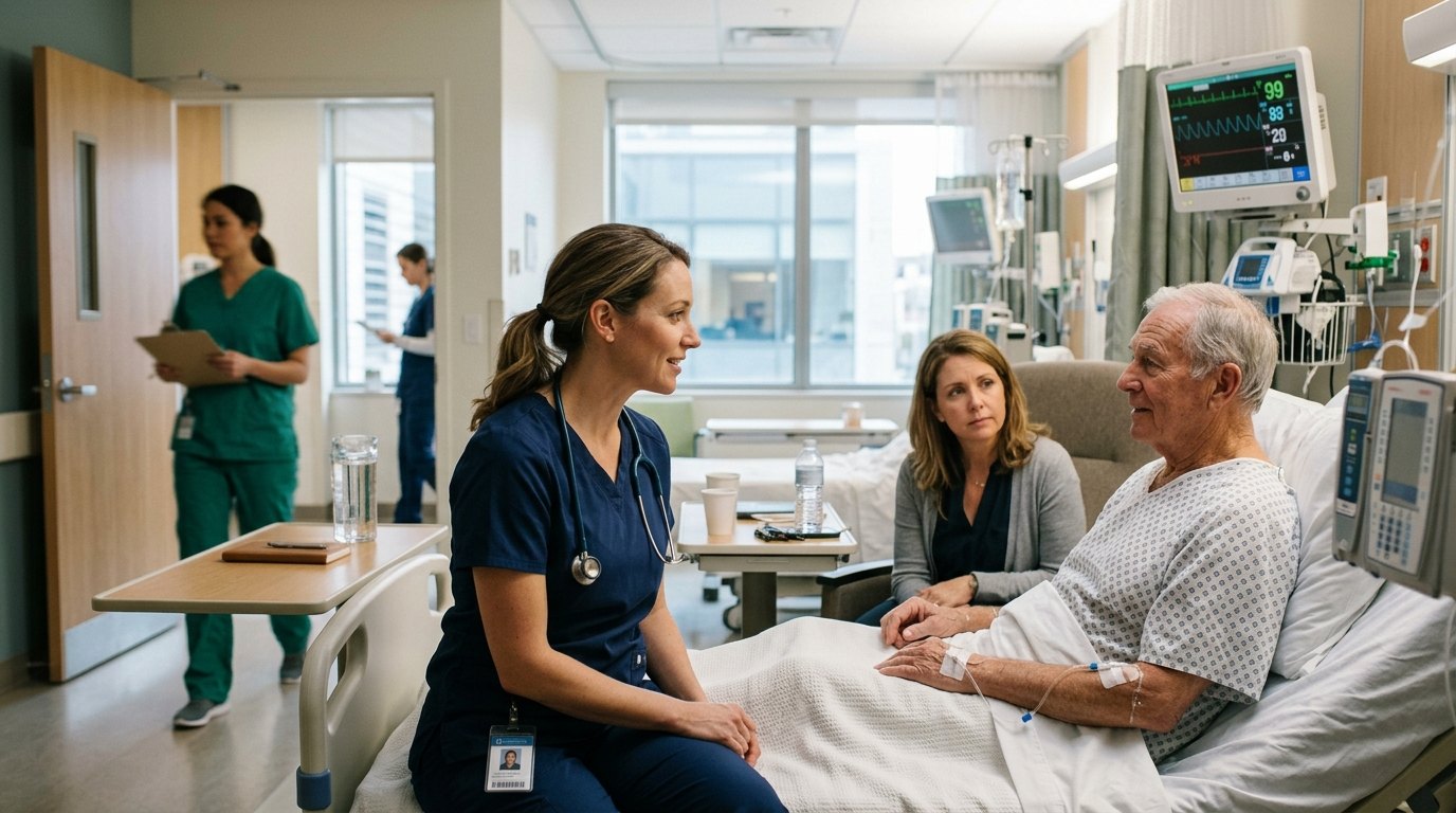 Healthcare & Pharmaceuticals: nurse speaking with a patient and family