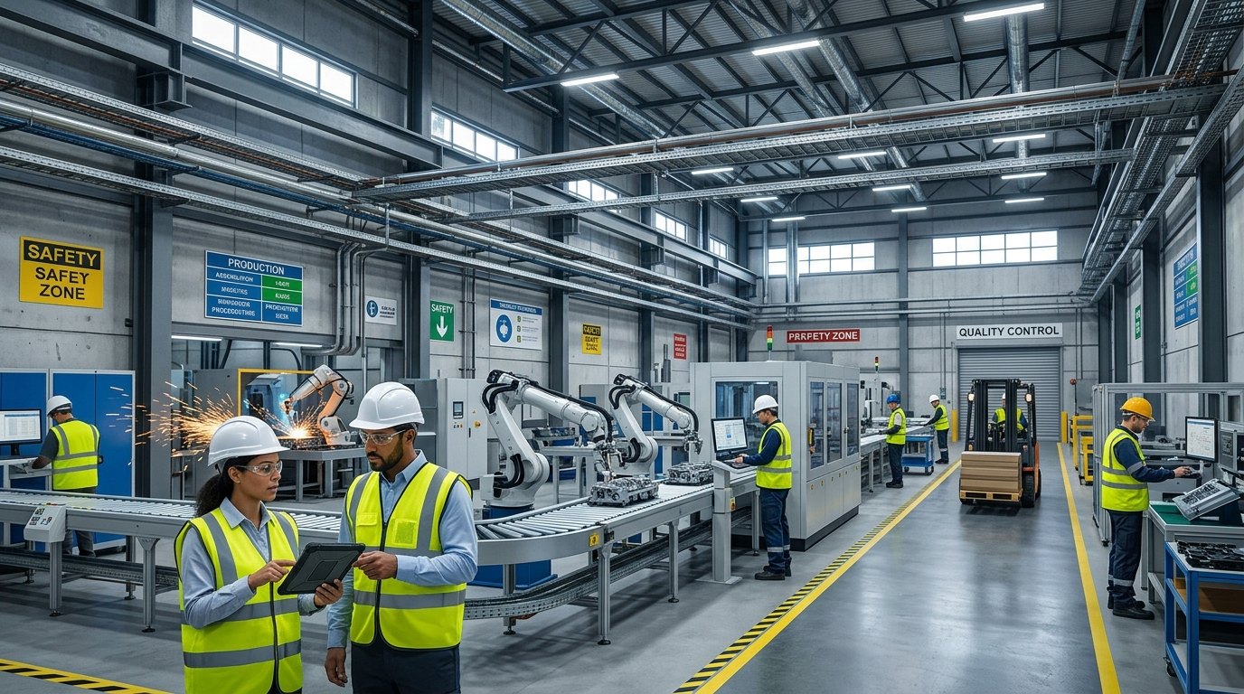 Manufacturing: production floor with robots and quality control