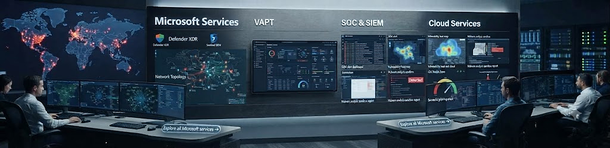 ISS Technologies security operations centre covering Microsoft services, VAPT, SOC and SIEM, and cloud services