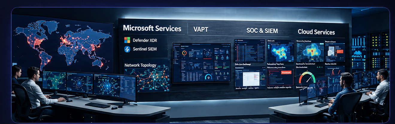 ISS Technologies security operations centre covering Microsoft services, VAPT, SOC and SIEM, and cloud services