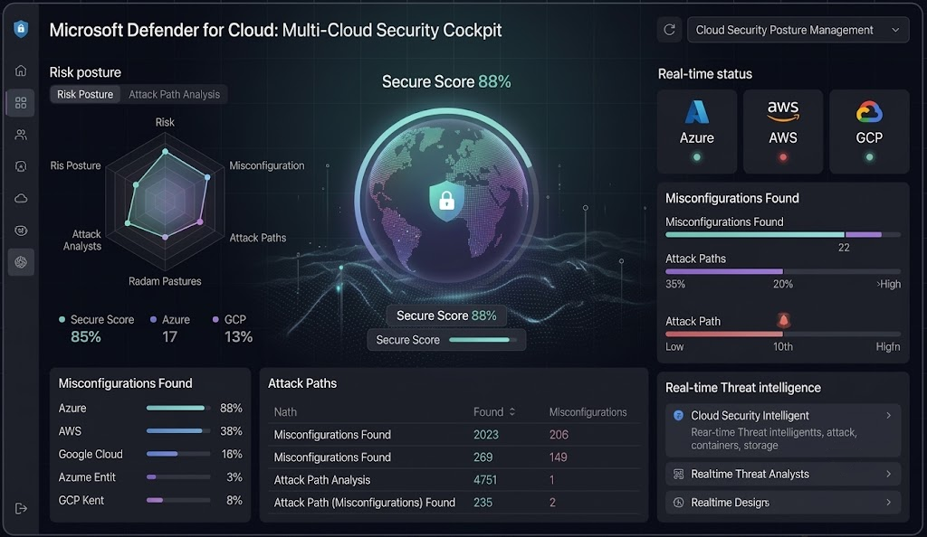 Microsoft Defender for Cloud multi-cloud security cockpit showing secure score, risk posture, attack paths and misconfigurations across Azure, AWS and GCP