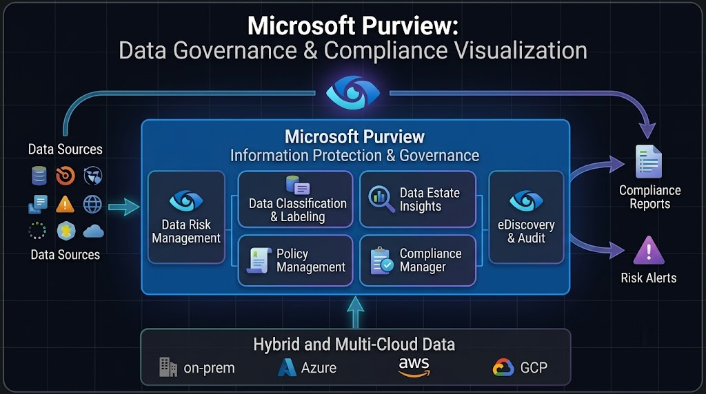 Microsoft Purview data governance and compliance visualization: data sources flowing through information protection and governance to compliance reports and risk alerts