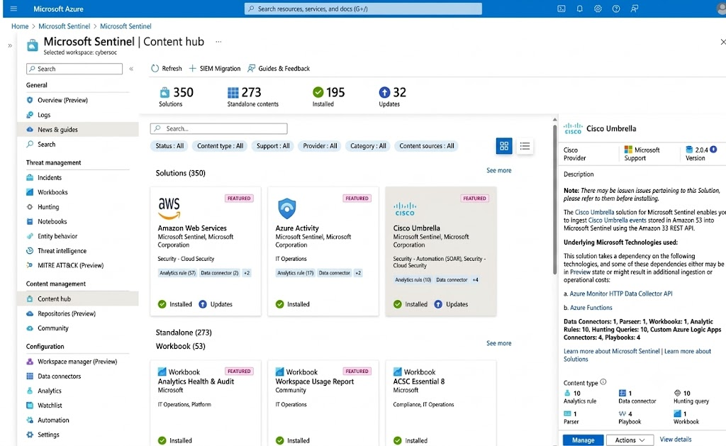 Microsoft Sentinel content hub in the Azure portal showing solutions, standalone content and the Cisco Umbrella solution details