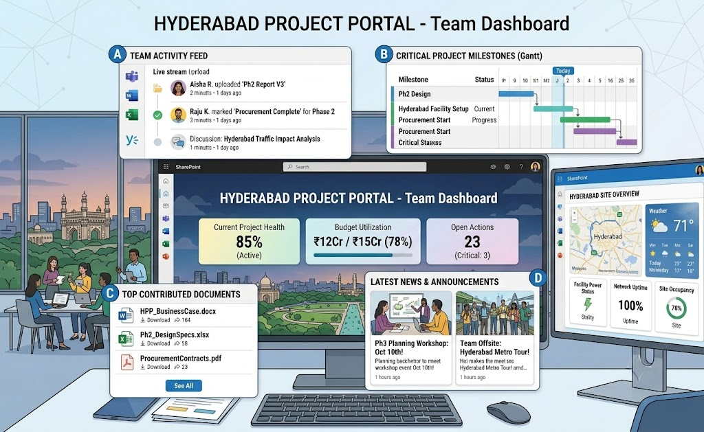 Example SharePoint project portal dashboard with team activity feed, project milestones, top documents, news and site overview